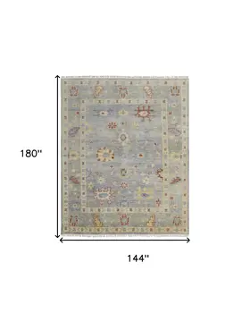 12' X 15' Light Blue and Taupe Wool Floral Hand Knotted Area Rug With Fringe