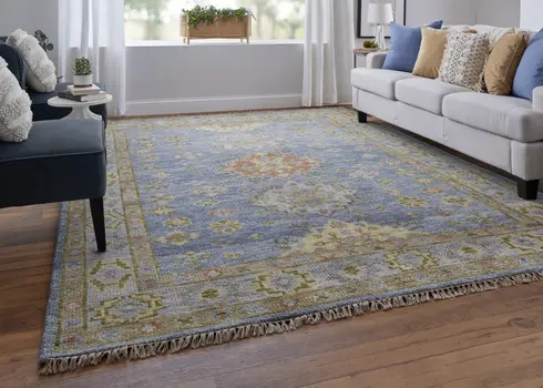 3' X 5' Green Blue and Yellow Wool Geometric Hand Knotted Area Rug With Fringe
