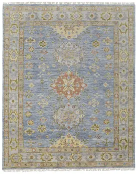 5' X 8' Green Blue and Yellow Wool Geometric Hand Knotted Area Rug With Fringe