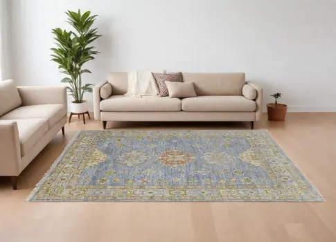 8' X 10' Green Blue and Yellow Wool Geometric Hand Knotted Area Rug With Fringe