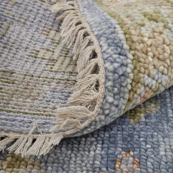 10' X 14' Green Blue and Yellow Wool Geometric Hand Knotted Area Rug With Fringe