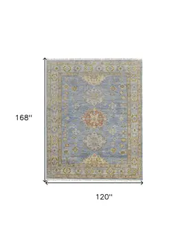 10' X 14' Green Blue and Yellow Wool Geometric Hand Knotted Area Rug With Fringe