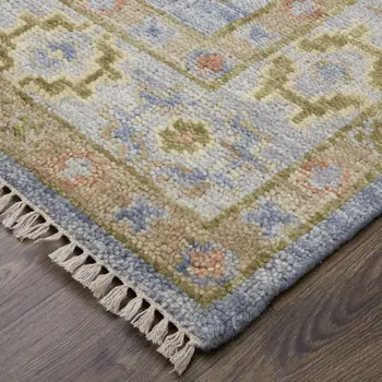 2' X 3' Green Blue and Yellow Wool Geometric Hand Knotted Area Rug With Fringe