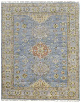 2' X 3' Green Blue and Yellow Wool Geometric Hand Knotted Area Rug With Fringe