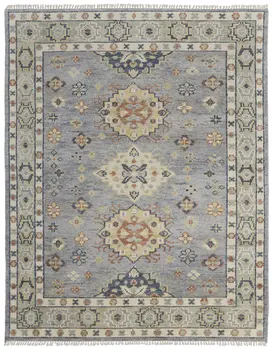 3' X 5' Gray Blue and Taupe Wool Geometric Hand Knotted Area Rug With Fringe