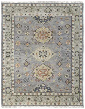 5' X 8' Gray Blue and Taupe Wool Geometric Hand Knotted Area Rug With Fringe