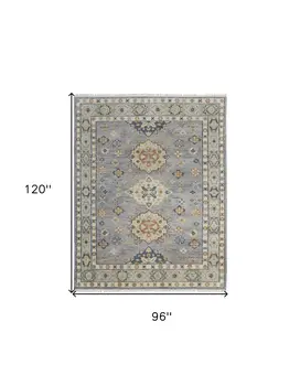 8' X 10' Gray Blue and Taupe Wool Geometric Hand Knotted Area Rug With Fringe
