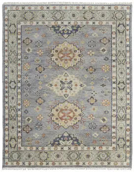 9' X 12' Gray Blue and Taupe Wool Geometric Hand Knotted Area Rug With Fringe
