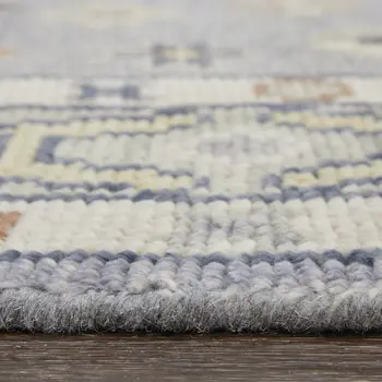 9' X 12' Gray Blue and Taupe Wool Geometric Hand Knotted Area Rug With Fringe