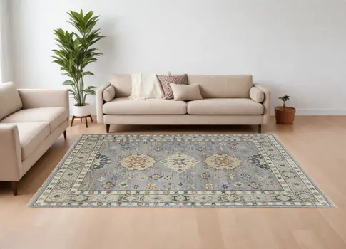 9' X 12' Gray Blue and Taupe Wool Geometric Hand Knotted Area Rug With Fringe