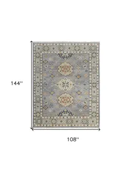 9' X 12' Gray Blue and Taupe Wool Geometric Hand Knotted Area Rug With Fringe