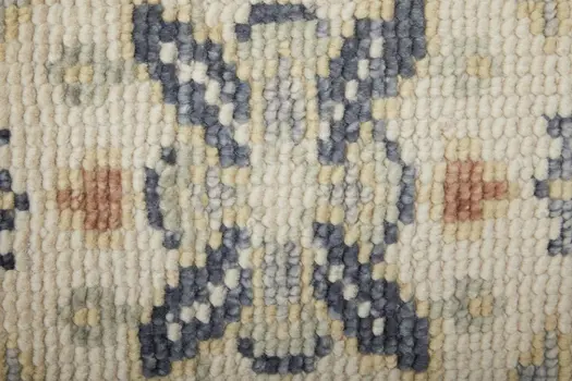 12' Gray Blue and Taupe Wool Geometric Hand Knotted Runner Rug With Fringe