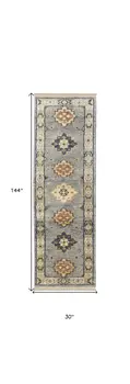 12' Gray Blue and Taupe Wool Geometric Hand Knotted Runner Rug With Fringe