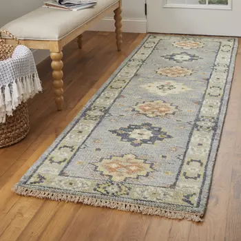 14' Gray Blue and Taupe Wool Geometric Hand Knotted Runner Rug With Fringe
