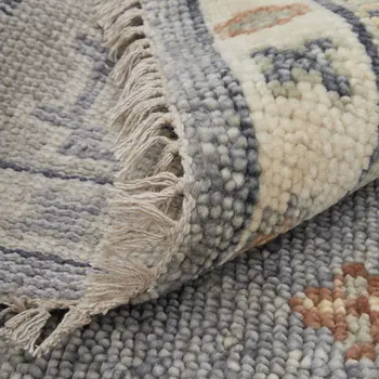 14' Gray Blue and Taupe Wool Geometric Hand Knotted Runner Rug With Fringe