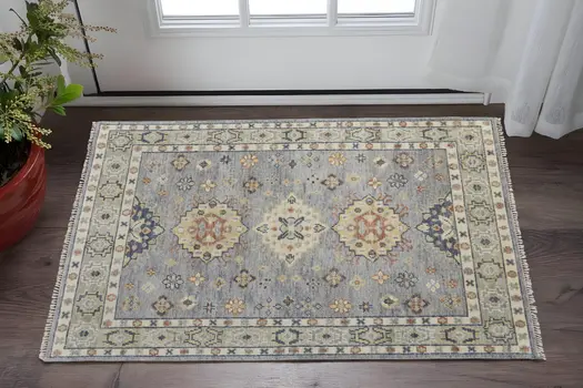 2' X 3' Gray Blue and Taupe Wool Geometric Hand Knotted Area Rug With Fringe