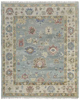 8' X 10' Blue Ivory and Yellow Wool Floral Hand Knotted Area Rug With Fringe