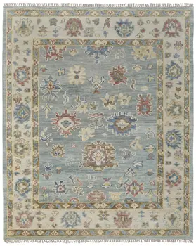 8' X 10' Blue Ivory and Yellow Wool Floral Hand Knotted Area Rug With Fringe