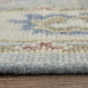 8' X 10' Blue Ivory and Yellow Wool Floral Hand Knotted Area Rug With Fringe