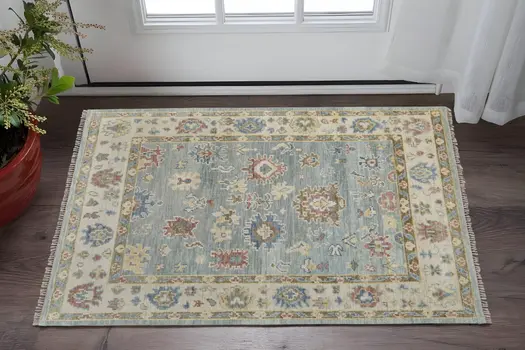 2' X 3' Blue Ivory and Yellow Wool Floral Hand Knotted Area Rug With Fringe