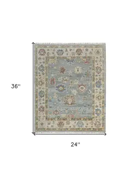 2' X 3' Blue Ivory and Yellow Wool Floral Hand Knotted Area Rug With Fringe
