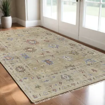 3' X 5' Tan Brown and Blue Wool Floral Hand Knotted Area Rug With Fringe