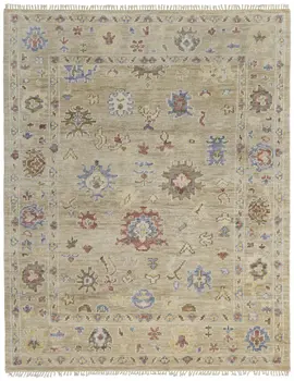 3' X 5' Tan Brown and Blue Wool Floral Hand Knotted Area Rug With Fringe