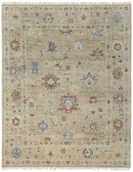5' X 8' Tan Brown and Blue Wool Floral Hand Knotted Area Rug With Fringe