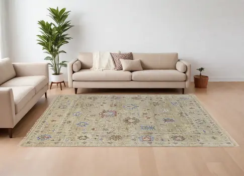9' X 12' Tan Brown and Blue Wool Floral Hand Knotted Area Rug With Fringe