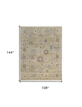 9' X 12' Tan Brown and Blue Wool Floral Hand Knotted Area Rug With Fringe
