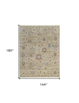 12' X 15' Tan Brown and Blue Wool Floral Hand Knotted Area Rug With Fringe