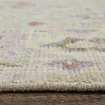 2' X 3' Tan Brown and Blue Wool Floral Hand Knotted Area Rug With Fringe
