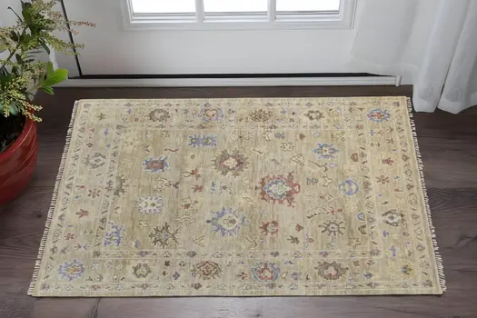 2' X 3' Tan Brown and Blue Wool Floral Hand Knotted Area Rug With Fringe