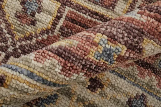 3' X 5' Ivory Red and Gold Wool Oriental Hand Knotted Area Rug With Fringe