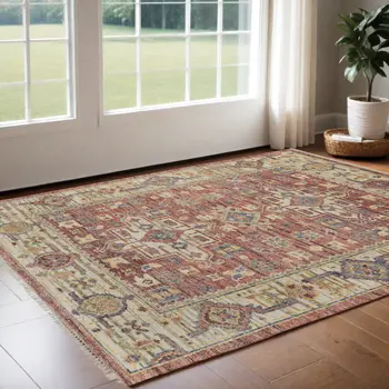 3' X 5' Ivory Red and Gold Wool Oriental Hand Knotted Area Rug With Fringe