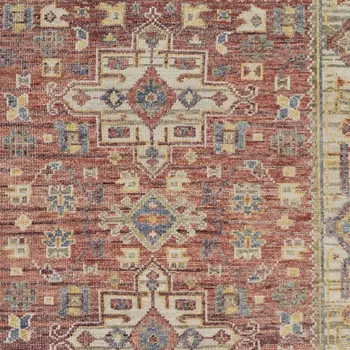 3' X 5' Ivory Red and Gold Wool Oriental Hand Knotted Area Rug With Fringe