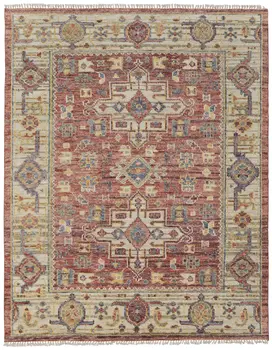9' X 12' Ivory Red and Gold Wool Oriental Hand Knotted Area Rug With Fringe