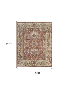 9' X 12' Ivory Red and Gold Wool Oriental Hand Knotted Area Rug With Fringe