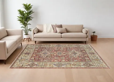 10' X 14' Ivory Red and Gold Wool Oriental Hand Knotted Area Rug With Fringe