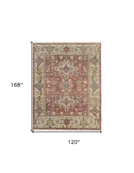 10' X 14' Ivory Red and Gold Wool Oriental Hand Knotted Area Rug With Fringe