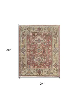 2' X 3' Ivory Red and Gold Wool Oriental Hand Knotted Area Rug With Fringe