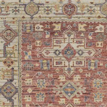 2' X 3' Ivory Red and Gold Wool Oriental Hand Knotted Area Rug With Fringe