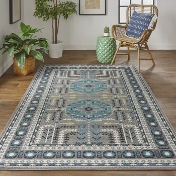 10' X 13' Blue and Gray Oriental Power Loom Area Rug