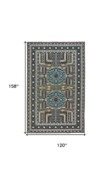 10' X 13' Gray Blue and Green Oriental Power Loom Area Rug