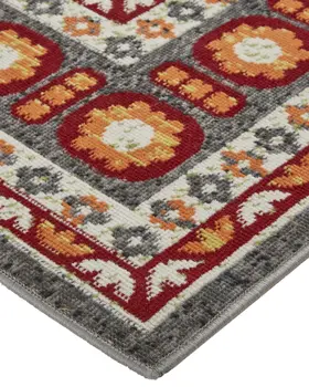 10' X 13' Red Gray and Orange Oriental Power Loom Area Rug