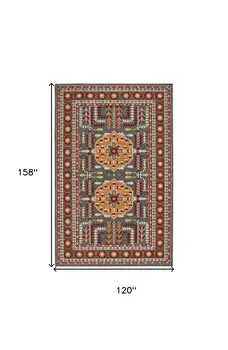 10' X 13' Red Gray and Orange Oriental Power Loom Area Rug
