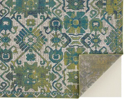 10' X 13' Blue and Green Oriental Power Loom Area Rug
