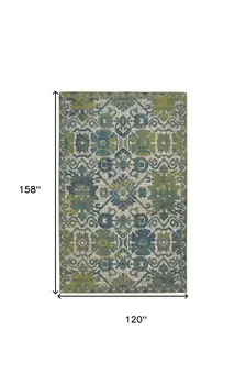 10' X 13' Blue and Green Oriental Power Loom Area Rug