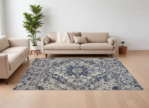 10' X 13' Gray Blue and Ivory Oriental Power Loom Area Rug