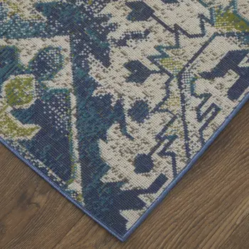 6' X 9' Green Blue and Ivory Oriental Power Loom Area Rug